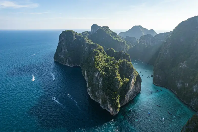Aerial view of limestone islands and turquoise sea, Phi Phi